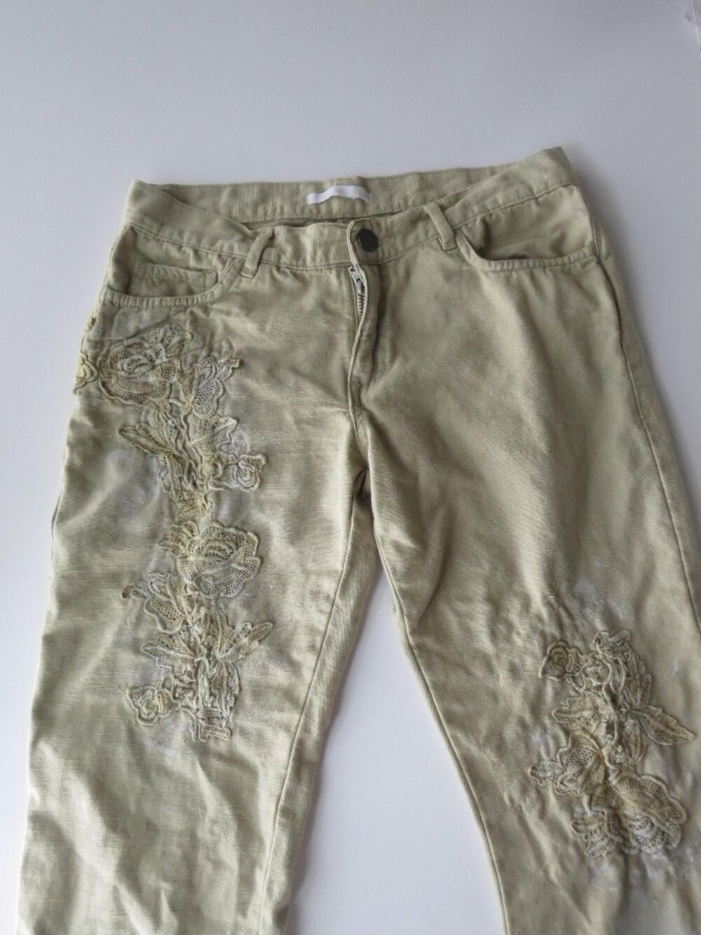 Vintage Italian Lace Appliqué Sage Khaki Bootcut Trousers, Hand-Painted Distress